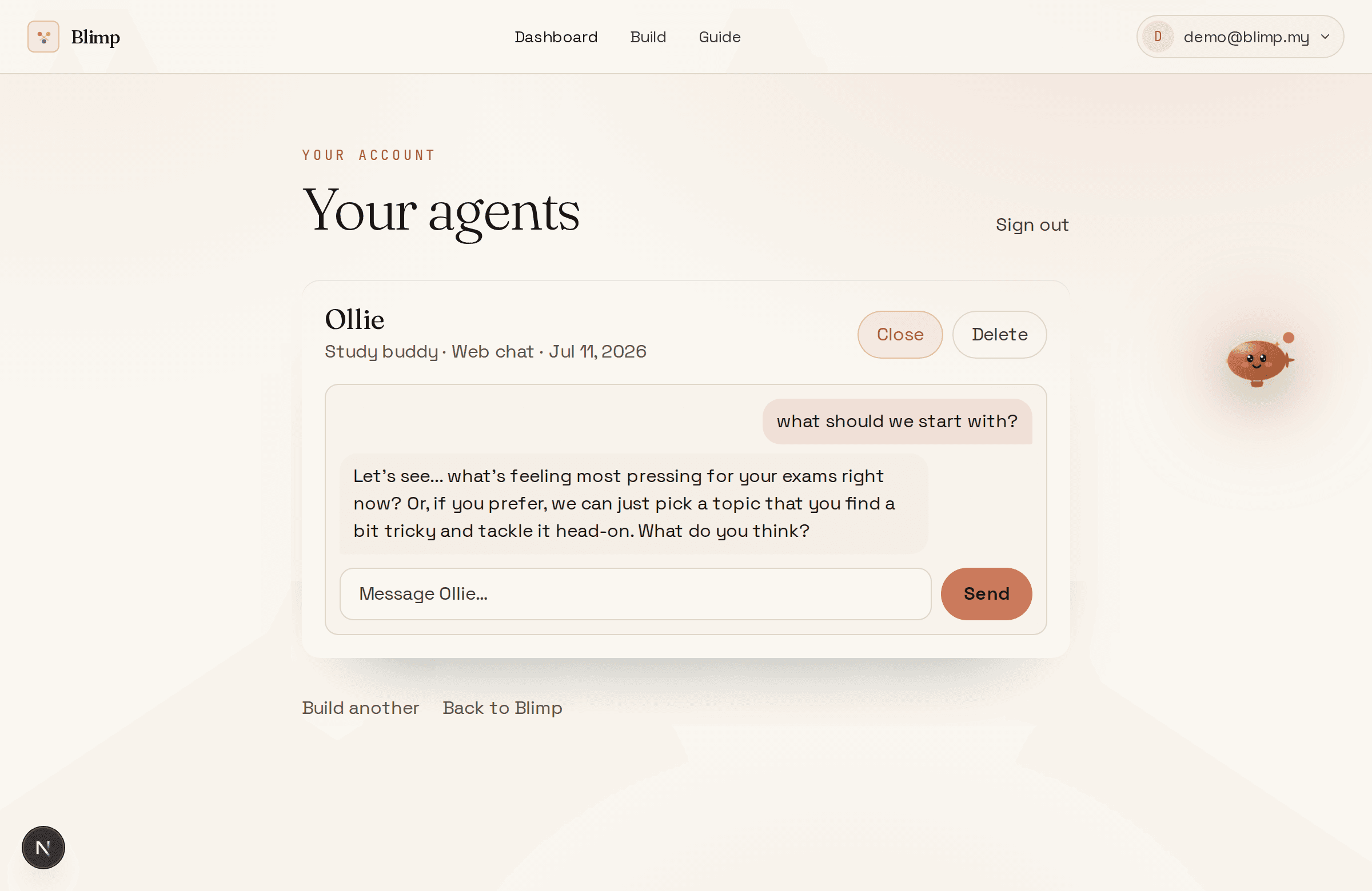 The Blimp dashboard, showing an agent with an open chat
